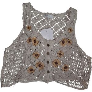 NWT Rebellion Cream Crochet Button Yellow Sunflower Crop Vest Medium Cottagecore